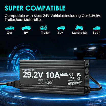 24V(29.2V Max) 10A Lithium Battery Charger for LiFePO4 Deep Cycle Rechargeable Battery Multi Safety Protections Smart Charger with Anderson Connector LED Indicator and 11 AWG M8 Adapter Cable