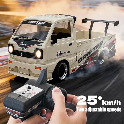 WPL D-14S RC Kei Truck, 1:10 Scale Suzuki Carry Kei Drift Truck- Brushless 4000KV Motor, 25km/h, Swappable Drift/Racing Tires, LED Lights, RTR RC Drift Truck for Hobbyists