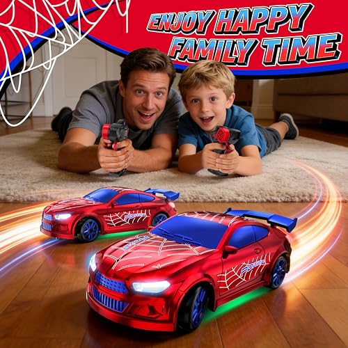 Mini RC Car 1:64 Scale, Remote Control Desktop Car for Kids & Adults | 2.4GHz Spider RC Drift Car with LED Lights & 2 Speeds, Includes 4 Obstacles, Hobby Gift for Boys, Red - color: Red