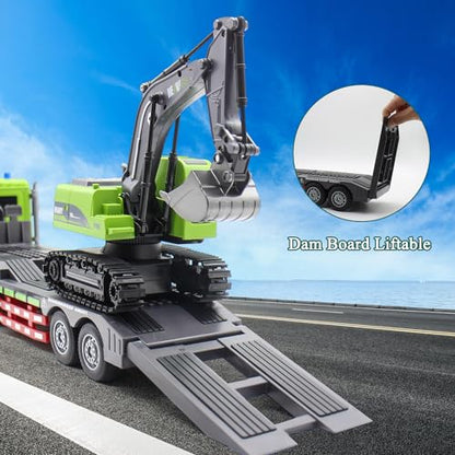 Fistone RC Semi-Trailer Truck & Excavator Toy Set, 1:12 Scale with Sound and Lights, 2.4Ghz Remote Control Flatbed Truck and Excavator Toys for Boys 6-12 Years Old - style: Truck & Excavator Toy