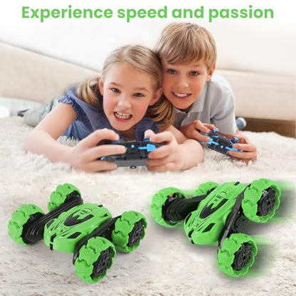 RC Stunt Car, 360° Flips & Double-Sided Remote Control Truck with LED Lights, 2.4GHz High Speed All Terrain Off-Road Toy Car, Gift for Boys Girls Kids Ages 6-12 (Green) - color: Green