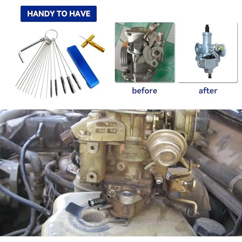 Premium Torch Tip Cleaner Stainless Steel 13 Cleaning Wires Set + 10 Cleaning Needles +5 Nylon Brushes + 1 Throttle Wrench + 1 Sharp Pick, Carburetor Cleaning Kit Heavy Duty Density Nylon