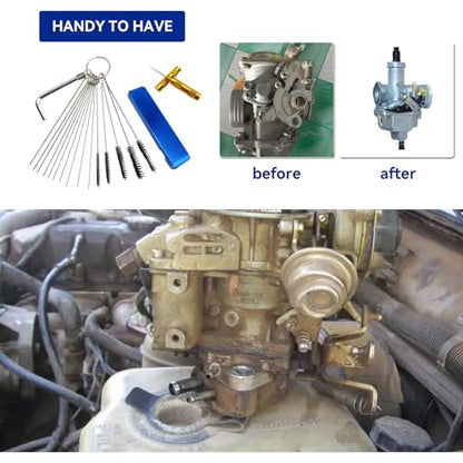 Premium Torch Tip Cleaner Stainless Steel 13 Cleaning Wires Set + 10 Cleaning Needles +5 Nylon Brushes + 1 Throttle Wrench + 1 Sharp Pick, Carburetor Cleaning Kit Heavy Duty Density Nylon