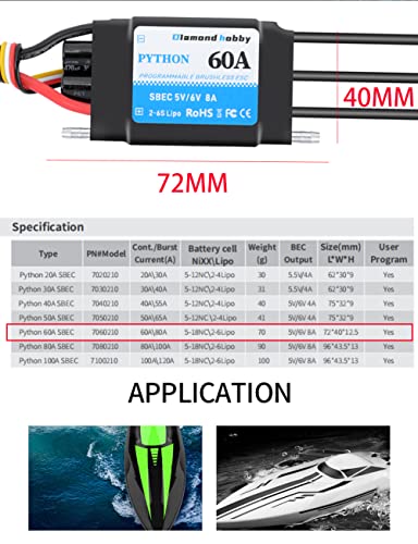 DH 60A 2-6S Waterproof Brushless ESC Electronic Speed Controller with 5V/6V 8A BEC and XT60 3.5mm Banana Head Connector for Model Ship RC Boat - size: 60A