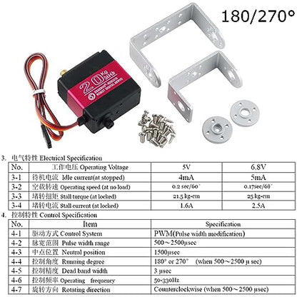 20KG RC Servo RDS3218 Digtal Servo 270°Waterproof Robot Arm Servo High Torque Dual Ball Bearing Full Metal Gear Servo with U Mounting Bracket for RC Car Robot DIY 1/8 1/10 - size: 20KG 270°