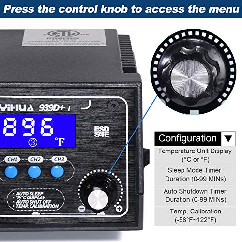 YIHUA 939D+ I Soldering Station, Upgraded, 75 Watt Equivalent with 3 Memories, °C/°F LCD display, Sleep Function, Automatic Shutdown & Brushed Aluminum Panel(Iron-burn Resistant) - style: Advance Style - Extra Tweezers & Tip