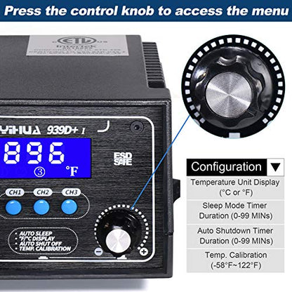 YIHUA 939D+ I Soldering Station, Upgraded, 75 Watt Equivalent with 3 Memories, °C/°F LCD display, Sleep Function, Automatic Shutdown & Brushed Aluminum Panel(Iron-burn Resistant) - style: Advance Style - Extra Tweezers & Tip