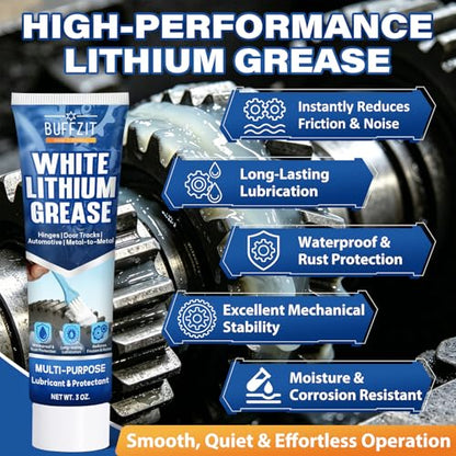 White Lithium Grease with Brush, Multi-Purpose Waterproof Lubricant for Hinges, Bearings, Gears & Garage Door, Long-Lasting Anti-Rust Grease for Automotive, Marine, Industrial & Household Use, 3oz/85g