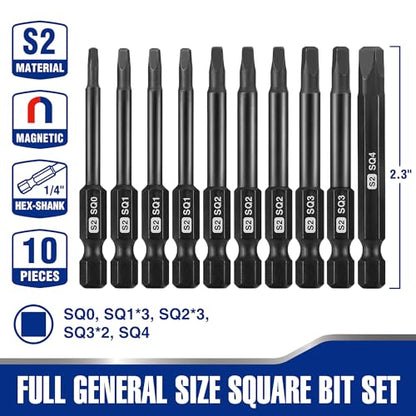 WORKPRO 10PCS Square Drive Bit Set, Magnetic Impact Screwdriver Bits | S2 Steel, 1/4" Hex Shank, Storage Box, CNC Precision Machining, Heat Treated - color: Square
