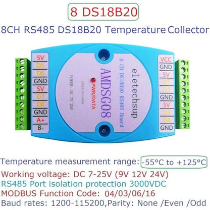8CH DC 12V 24V DS18B20 Temperature Acquisition Module RS485 3000V Optical Isolation Communication Modbus RTU(8CH Collector) - color: 8ch Collector
