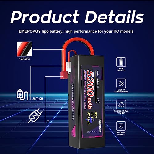 11.1V Lipo Battery 3S 5200mAh 80C Lipos Hard Case with T Connector for RC Car Trucks 1/8 1/10 RC Vehicles(2 Packs) - color: T-2