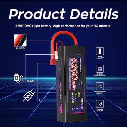 11.1V Lipo Battery 3S 5200mAh 80C Lipos Hard Case with T Connector for RC Car Trucks 1/8 1/10 RC Vehicles(2 Packs) - color: T-2