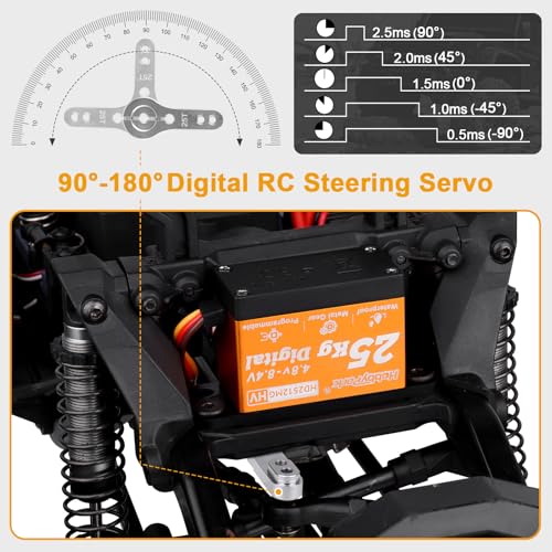 HobbyPark 25KG High Torque RC Servo Waterproof Full Metal Gears Steering Servo for 1/8, 1/10, 1/12 RC Cars Trucks Crawlers Robotic with 25T Servo Horn 180° Degree Programmable 8.4V HV (25kg Torque)