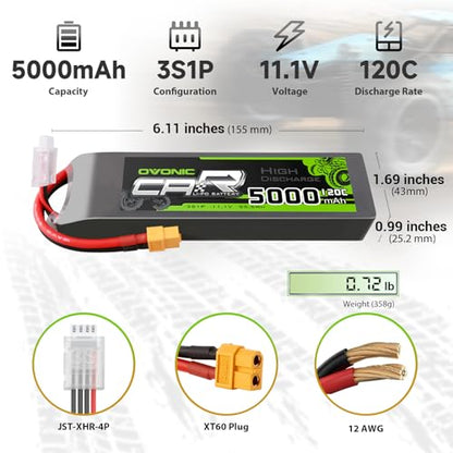 OVONIC 11.1V 120C 5000mAh 3S Lipo Battery Hard Case with EC5 Plug for RC Car RC Helicopter RC Truck RC Truggy Airplane Quadcopter UAV Drone FPV (2 Packs)(with Lipo Voltage Checker)