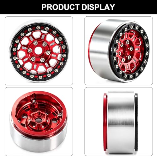 1.9" Beadlock Aluminum Wheels and 118mm Tires for SCX10 TRX4 | 12mm HEX, 0mm Offset, 47*118mm Mud Soft Rubber Tires, with Foam Inserts, 1/10 Scale RC Crawlers Upgrade parts - color: Red-3