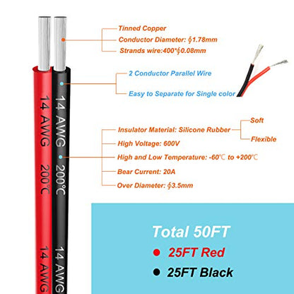Haerkn 14 awg Silicone Electrical Wire Cables 2 Cores 25ft Spool | 14 Gauge Soft and Flexible Hook Up Oxygen Free Strands Tinned Copper Wire - style: 14awg-25FT