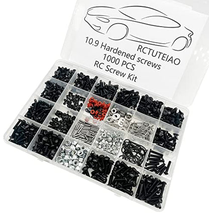 1000pcs Universal RC Screw Kit Screws Assortment Set, Hardware Fasteners for Traxxas Axial Redcat HPI Arrma SCX10 Losi 1/8 1/10 1/12 1/16 Scale RC Cars Trucks Crawler, RC Screw Kit, Body Clips Pins