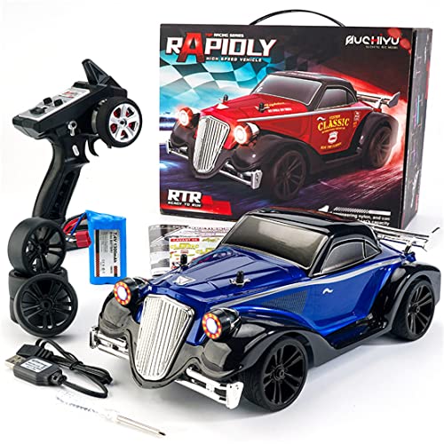 1/16 Scale 4WD Retro RC Drift Car with 35km/h Speed, 390 Motor, IPX4 Waterproof, LED Headlights, 2.4GHz Full Proportional Control Great Gift for Adults-Metal Blue - color: Metal Blue