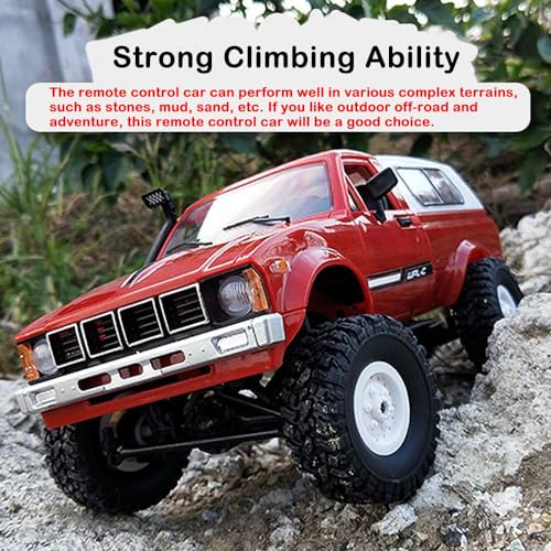 RC Truck 1/16 RC Rock Crawler, WPL C24 4x4 RC Pickup Truck, 2.4GHz Remote Control Car, All Terrain Off Road RC Climbing Car with Headlights and 2 Batteries for Adults (Red) - color: Red