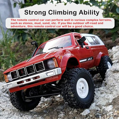 RC Truck 1/16 RC Rock Crawler, WPL C24 4x4 RC Pickup Truck, 2.4GHz Remote Control Car, All Terrain Off Road RC Climbing Car with Headlights and 2 Batteries for Adults (Red) - color: Red