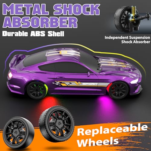 1/43 RC Drift Car, Mini Drifting RC Car with Gyro 2.4GHz Full Proportional Drift Cars 4WD RTR Remote Control Cars with Colorful Lights Gyroscope Fast Racing Vehicle Gift for Kids Boys Adults - color: Purple