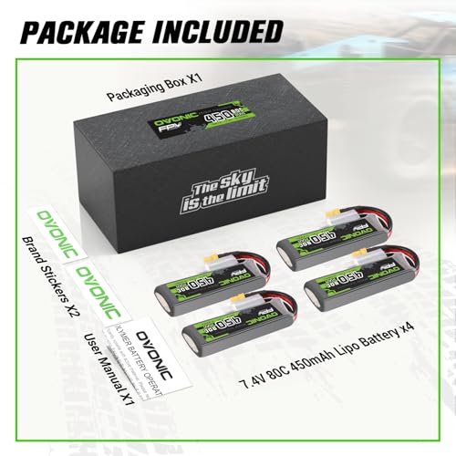 OVONIC 7.4V 80C 450mAh 2S Lipo Battery Long Size with XT30 Plug [1 Package Including 4 Batteries]