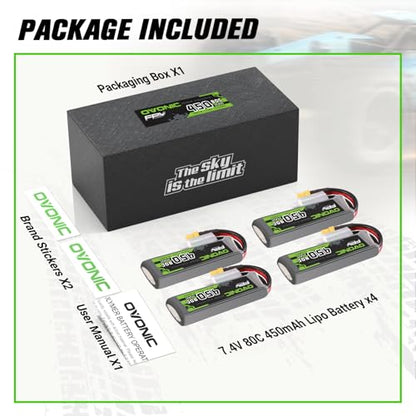 OVONIC 7.4V 80C 450mAh 2S Lipo Battery Long Size with XT30 Plug [1 Package Including 4 Batteries]