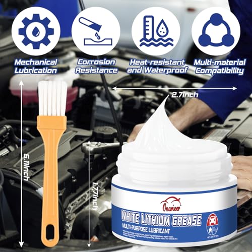 White Lithium Grease, Multi-Purpose Lubricant Lithium Grease with Brush, Garage Door Hinge Lubricant for Metal-to-Metal Applications, Ideal for Automotive, Marine, and Industrial Use (3.5oz)