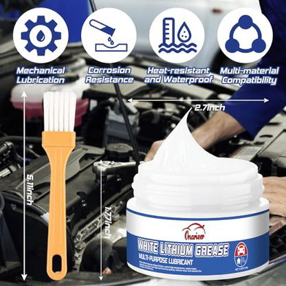 White Lithium Grease, Multi-Purpose Lubricant Lithium Grease with Brush, Garage Door Hinge Lubricant for Metal-to-Metal Applications, Ideal for Automotive, Marine, and Industrial Use (3.5oz)