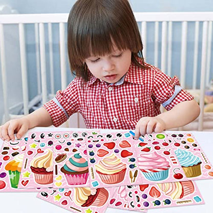 24 Sheets Make-a-face Cupcake Stickers Make Your Own Dessert Stickers | Mix and Match Sweets and Fruit Treats Party Favor Supplies for Kids Ice Cream Sticker Games Birthday DIY Art Crafts - style: Cupcake