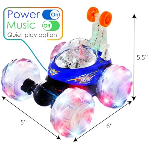 Haktoys Rechargeable RC Tornado Stunt Car – 360° Flip Remote Control Turbo Twister Vehicle with Lights & Music | Double-Sided Spinning Car Toy for Toddlers Kids Boys Girls (Blue) - color: Blue