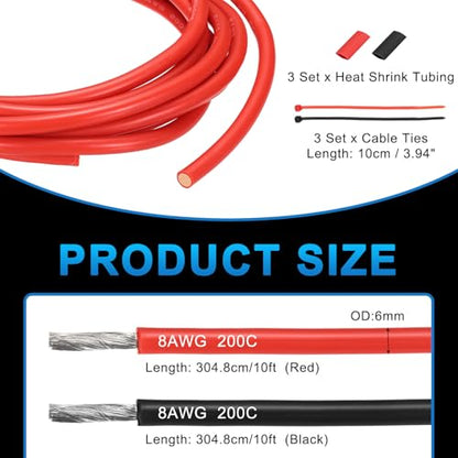 MECCANIXITY 8 Gauge Silicone Electrical Wire Cables, 8 AWG 10ft Black and 10ft Red Electrical Wires High Temp 600V 200C Flexible Stranded Tinned Copper Wires Automotive Cable with Accessories - size: 8 Gauge 3m/10ft