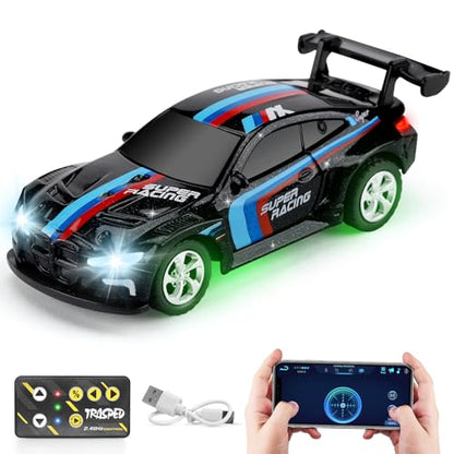 SASBSC Mini RC Toy Cars for Boys Kids Adults, 2.4GHz APP Remote Control Car with Lights and 3 Speed Modes, 1/64 Race Toy Car Rechargeable for Boys Ages 5-7 8-12,Birthday Gifts for Kids - color: Black