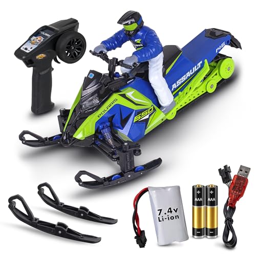 NKOK Polaris® Switchback Assault RC Snowmobile – 1:10 Scale, (Green/Blue) | 2 Ski Sets for Year-Round Fun, All-Terrain Performance (Snow, Dirt, Grass, Sand & Pavement), Full Suspension, LED Headlights - color: Green With Blue