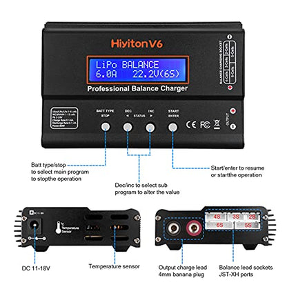 Lipo Battery Charger, 1S-6S Balanced Charger Discharger, 1-6S Lipo Li-ion NiMH NiCD Li-Fe Battery with Tamiya XT60 Deans Futaba Connector - color: black
