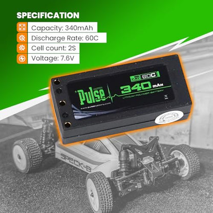 Helidirect Pulse 340mah 2S 7.6V 60C LiHV Hardcase Battery Used for Mini Z, XBility 1, Drift, Micro B, Micro, Hobbyplus 1/24 Racing & Drift - Remote Control Car, RC Car Battery