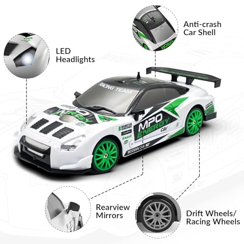 Drift RC Car, 1:24 Scale 2.4Ghz Remote Control Car Toys for Kids | drifting & racing tires, 2 batteries, LED lights, 4 wheels drive, steering trimmer - color: White, size: 1:24 Scale