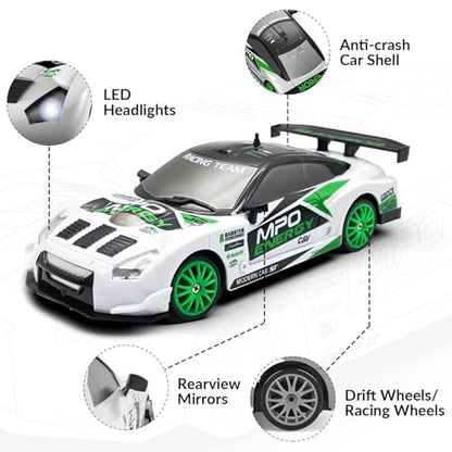 Drift RC Car, 1:24 Scale 2.4Ghz Remote Control Car Toys for Kids | drifting & racing tires, 2 batteries, LED lights, 4 wheels drive, steering trimmer - color: White, size: 1:24 Scale