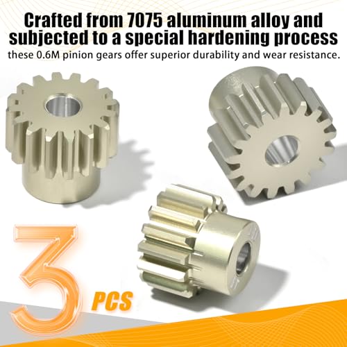 3PCS 0.6M Pinion Gear Set 15T 16T 17T, 7075 Aluminum Alloy 0.6 Mod RC Gears with 3.175mm Bore for 540 550 Brushed Brushless Motors, Fits for 1/10 Tamiya Redcat HSP HPI RC Cars - size: 15 16 17T