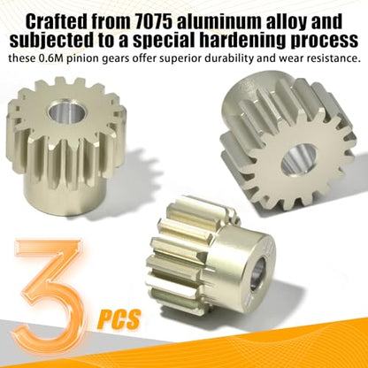 3PCS 0.6M Pinion Gear Set 15T 16T 17T, 7075 Aluminum Alloy 0.6 Mod RC Gears with 3.175mm Bore for 540 550 Brushed Brushless Motors, Fits for 1/10 Tamiya Redcat HSP HPI RC Cars - size: 15 16 17T