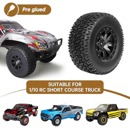 Pre-Glued 12mm Hex RC Wheel Rim & Tires Set for 1/10 RC Short Course Truck Traxxas Slash 2WD 4x4 HPI Tamiya Losi SCT Redcat Blackout SC, 4PCS (Style B)