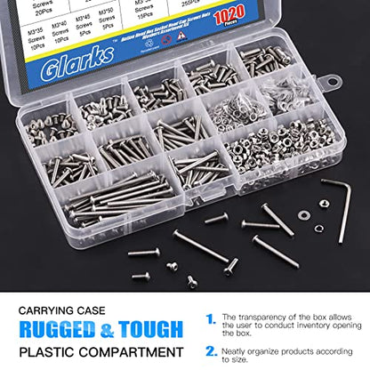 Glarks 1021Pcs M3 Button Head Screws 304 Stainless Steel Hex Socket Cap Screws Bolts and Nuts Washers Assortment Kit with Hex Wrench for Machinery Furniture Car Repair - size: M3 screw assortment kit