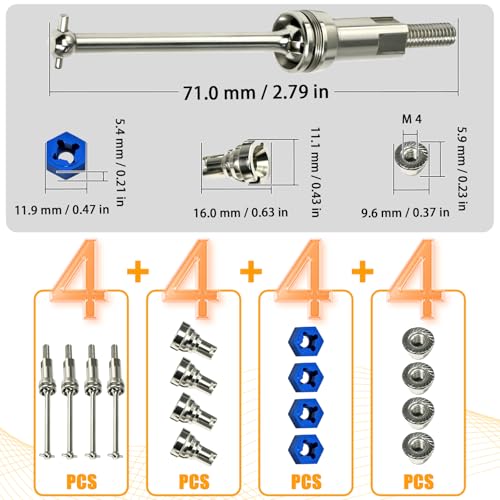Hardened Steel CVD Drive Shafts Set with Adapters, Nuts, Center Drive Cups, Front Rear Dogbone Driveshaft Axles Upgrades Part for 1/16 Mojave Grom ARA2304, ARA2304S, ARA2104 (Silver,Blue) - color: Silver-blue