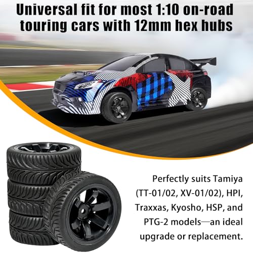 OD 2.55" On Road Rubber Tires Plastic Wheel Rims 12mm Hex for 1/10 RC Car | Compatible with MJX HSP Tamiya HPI Kyosho Traxxas Sakura Redcat WLtoys 1/10 RC On-Road Racing Touring Car (4pcs, Black) - style: E-Black