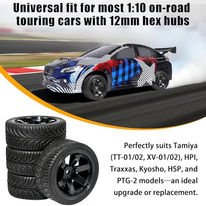 OD 2.55" On Road Rubber Tires Plastic Wheel Rims 12mm Hex for 1/10 RC Car | Compatible with MJX HSP Tamiya HPI Kyosho Traxxas Sakura Redcat WLtoys 1/10 RC On-Road Racing Touring Car (4pcs, Black) - style: E-Black