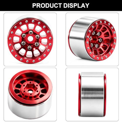 1.0" Beadlock Wheels and Tires for 1/24 Axial SCX24, 1/18 TRX4M RC Crawler (Red 357) - color: Red 357