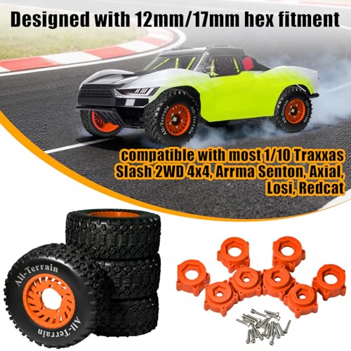 1/10 Short Course Truck Wheel Tires Set - 12mm/17mm Hex, Orange | All-Terrain Tires and Nylon Wheels Compatible with 1/10 Traxxas Slash 4WD 2WD Arrma Senton Axial Losi Redcat RC Buggy, 4-Pack - color: Orange