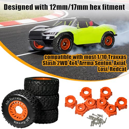 1/10 Short Course Truck Wheel Tires Set - 12mm/17mm Hex, Orange | All-Terrain Tires and Nylon Wheels Compatible with 1/10 Traxxas Slash 4WD 2WD Arrma Senton Axial Losi Redcat RC Buggy, 4-Pack - color: Orange