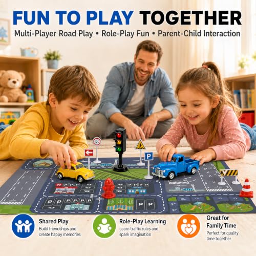 1:32 Die Cast Pull Back Truck Toys for Kids, Alloy Toy Cars with Openable Doors, Road Signs & Map Playset, Birthday Gift for Boys Girls Ages 3-8 - size: Alloy car 4-piece set