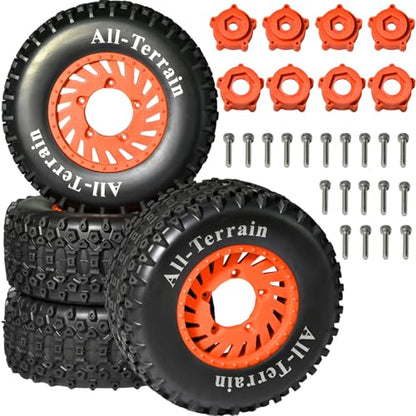 1/10 Short Course Truck Wheel Tires Set - 12mm/17mm Hex, Orange | All-Terrain Tires and Nylon Wheels Compatible with 1/10 Traxxas Slash 4WD 2WD Arrma Senton Axial Losi Redcat RC Buggy, 4-Pack - color: Orange